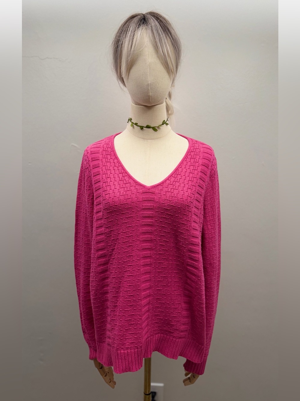 Liz Claiborne Pink Textured Knit V-Neck Sweater Size XL Cotton Blend